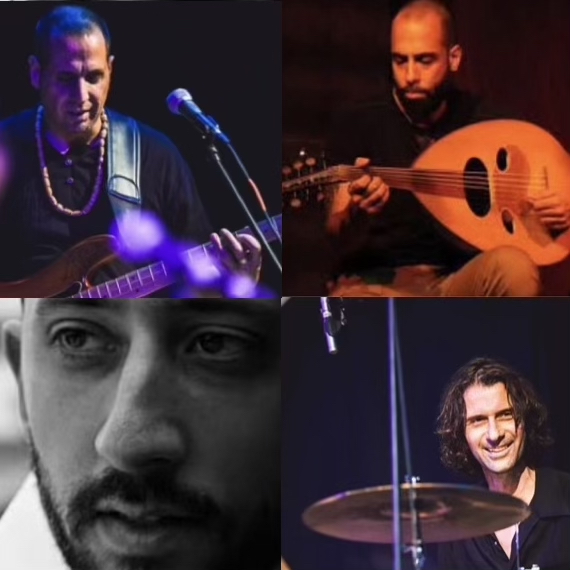 four individual portraits of different men, three of them are playing instruments, and the fourth photo is an up-close black and white image of a man