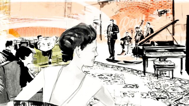 Illustration of a woman watching live jazz being played onstage at Roxy Hotel.