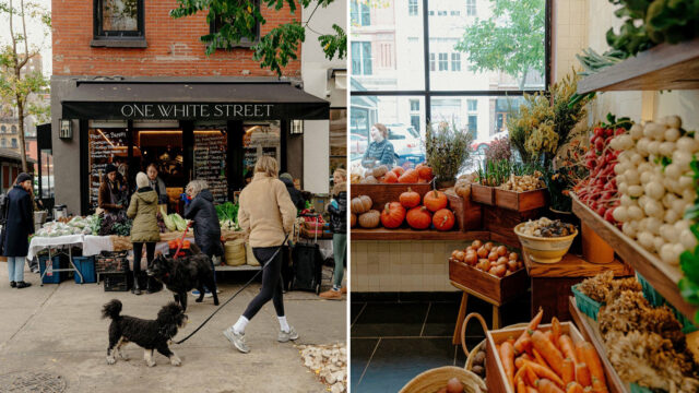 A street scene capturing people at Rigor Hill neighborhood market on White Street in Tribeca.