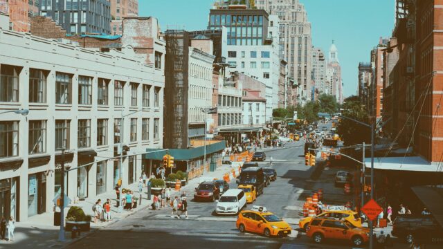 A sunny streetscape of downtown New York