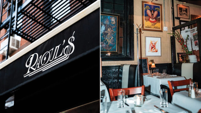 Exterior sign of Raoul’s in Soho alongside a warmly lit interior dining room with framed artwork, white tablecloth tables, and classic bistro seating.