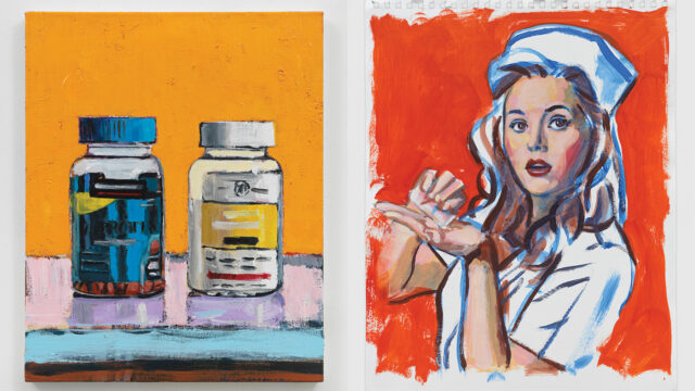 Two colorful paintings by artist Walter Robinson displayed side by side — one depicting prescription pill bottles against a bright orange background, the other a loosely painted portrait of a nurse in white against vivid red.