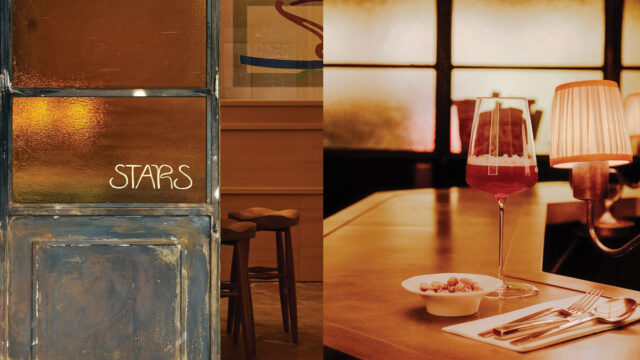 The image on the left shows the exterior of the wine bar Stars, with bar stools visible behind a blue door. The image on the left, shows a glass of rosé and a bowl of nuts on a wooden table, lit by warm lamplight.