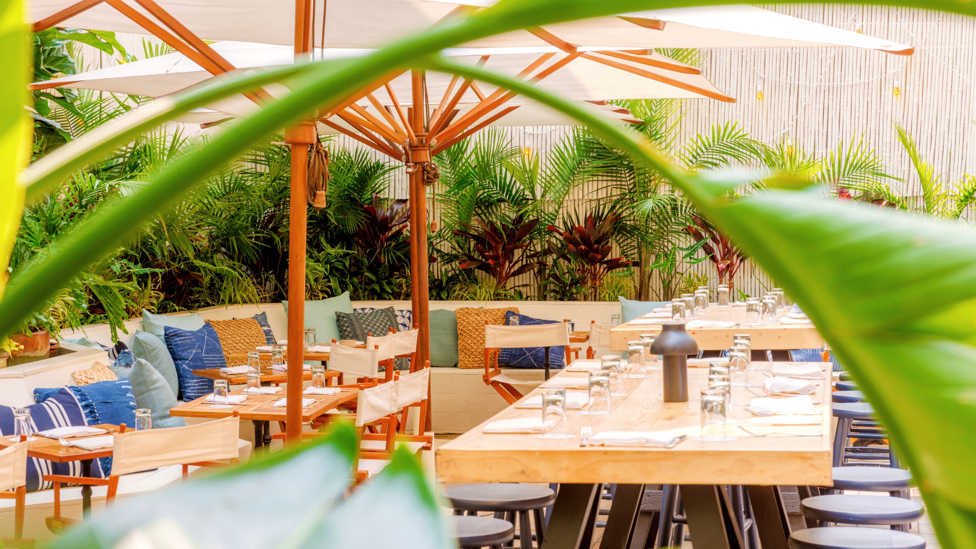 Outdoor restaurant seating area with wood tables, blue and white pillows, and green palm trees.