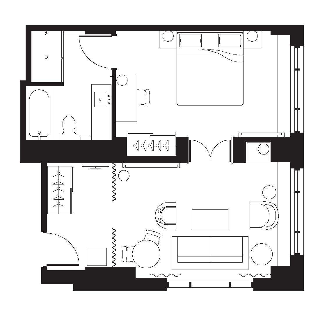 Floor plan of the Deluxe Suite at Soho Grand Hotel.