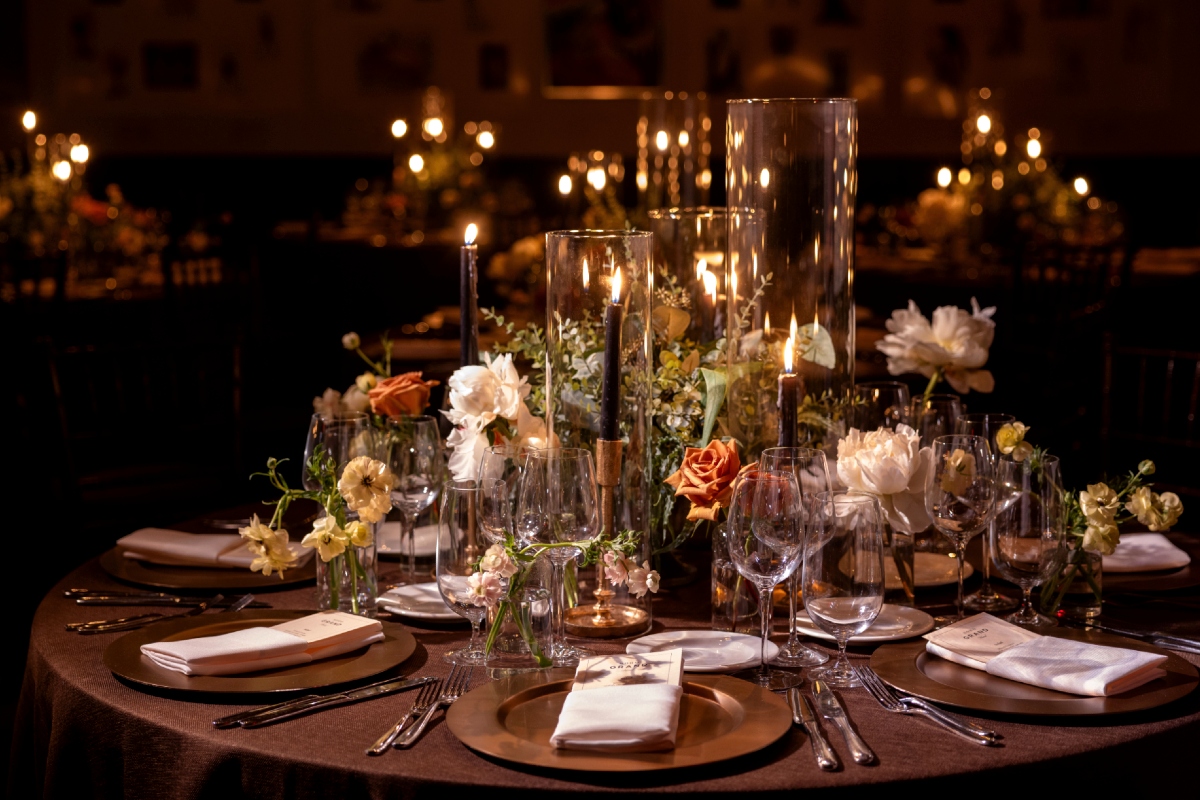 Closeup of banquet dinner round tables.