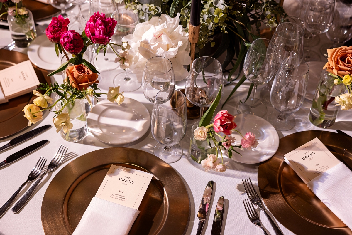 Closeup of banquet dinner round tables.