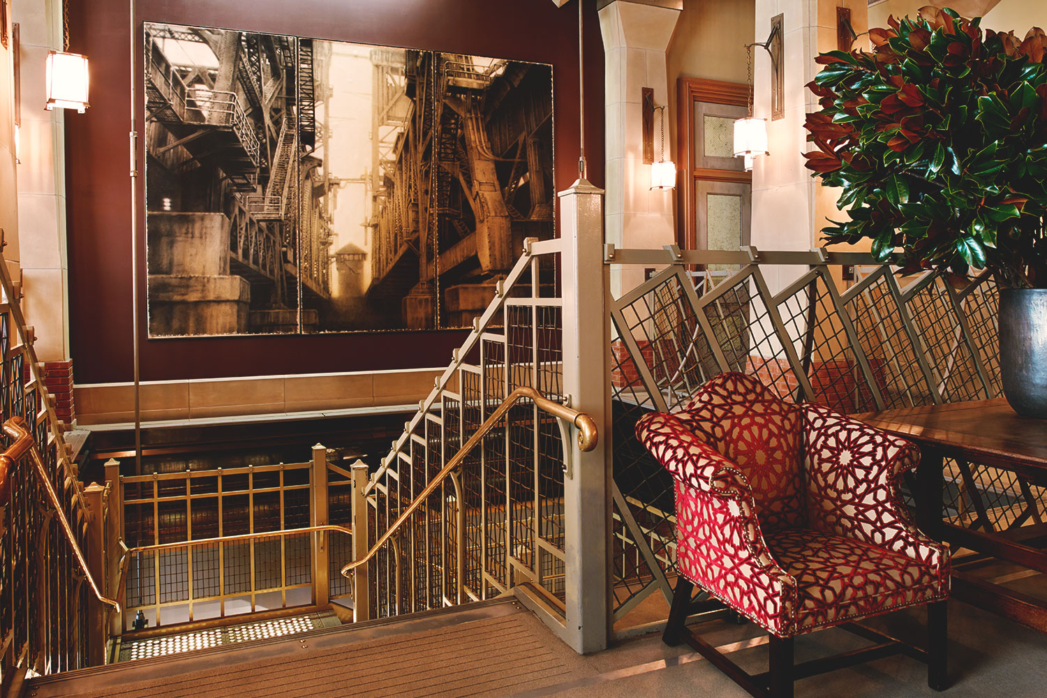 interior shot of the landing of the iconic soho grand staircase.