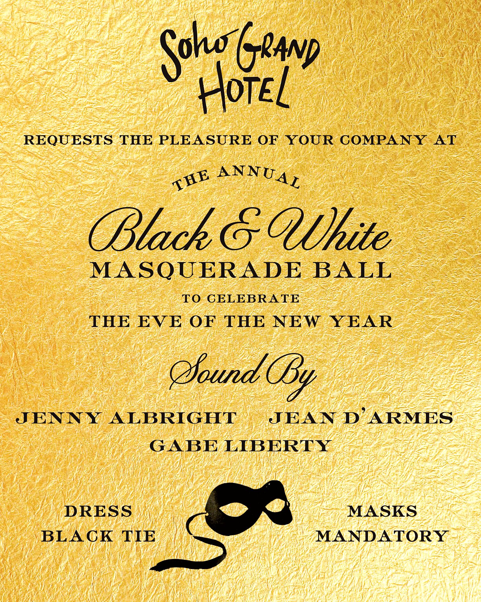 New Year's Eve invite with gold background and black lettering.