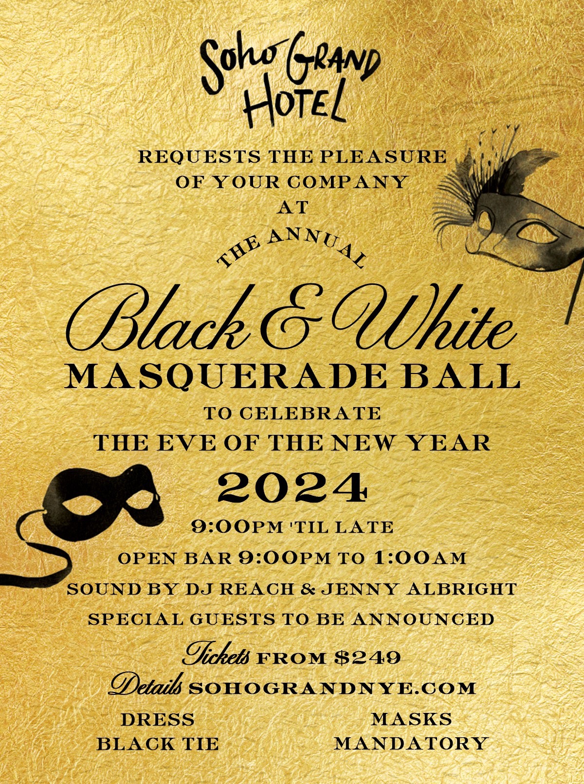 Soho Grand Hotel's Invitation for New Year's Eve 2024. Gold background with black lettering.