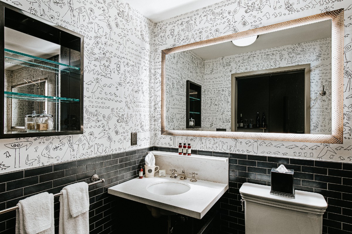 Black and white styled bathroom at Soho Grand Hotel