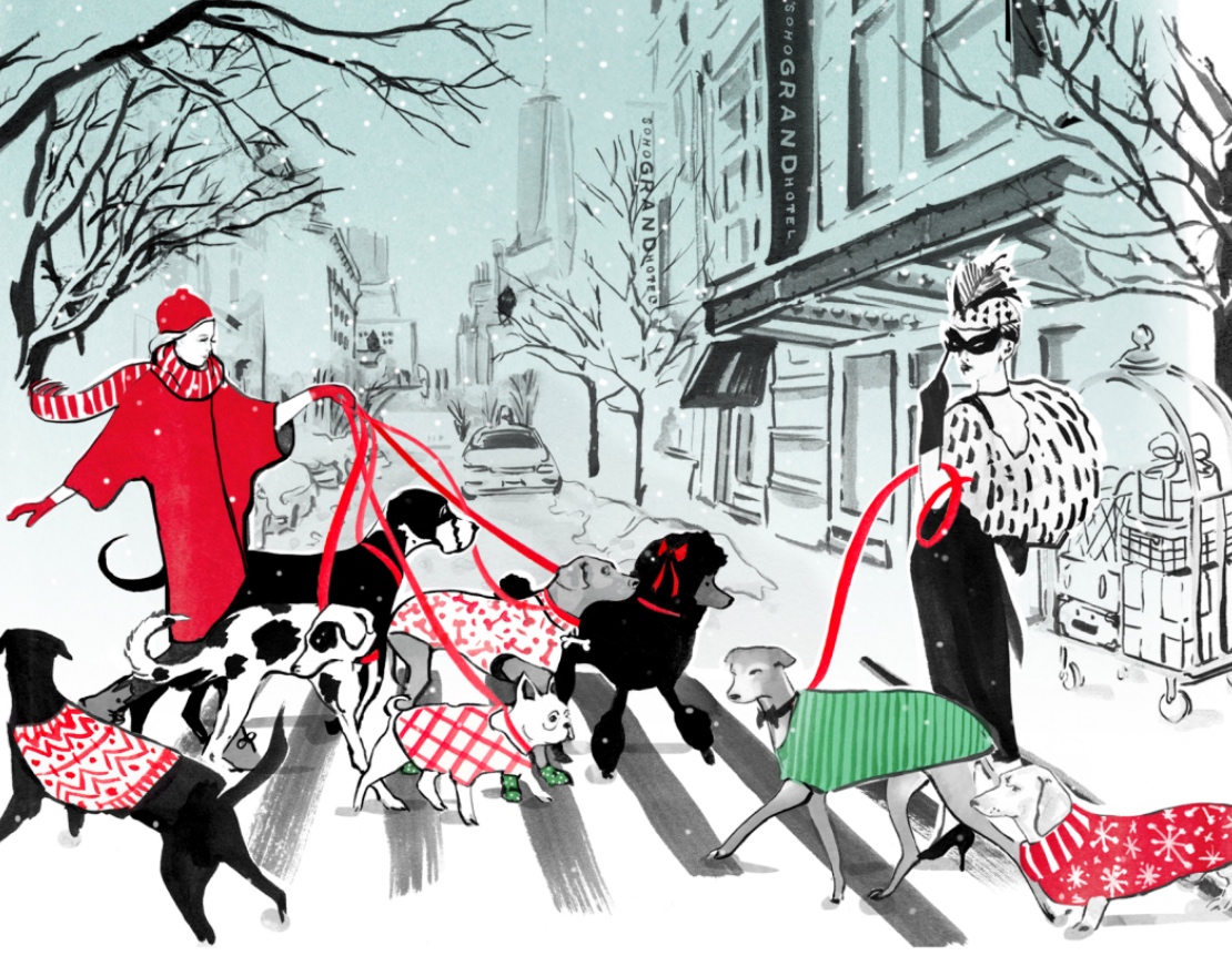 Cartoon drawing of a dog walker with multiple dogs pn a leash crossing the street in front of Soho Grand Hotel during the holiday season.