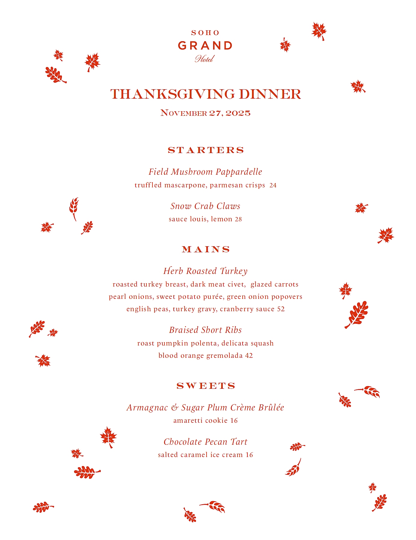 Thanksgiving Menu 2025 at Soho Grand Hotel