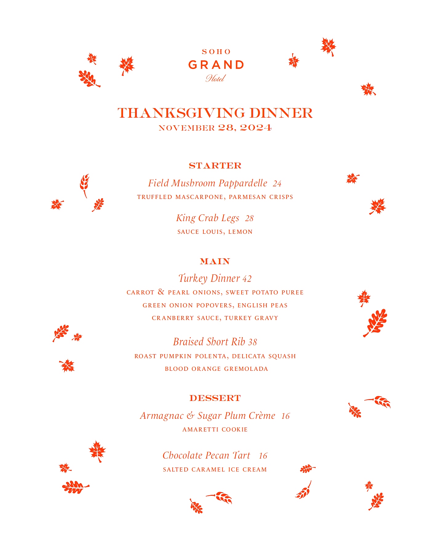 Thanksgiving Menu at Soho Grand Hotel