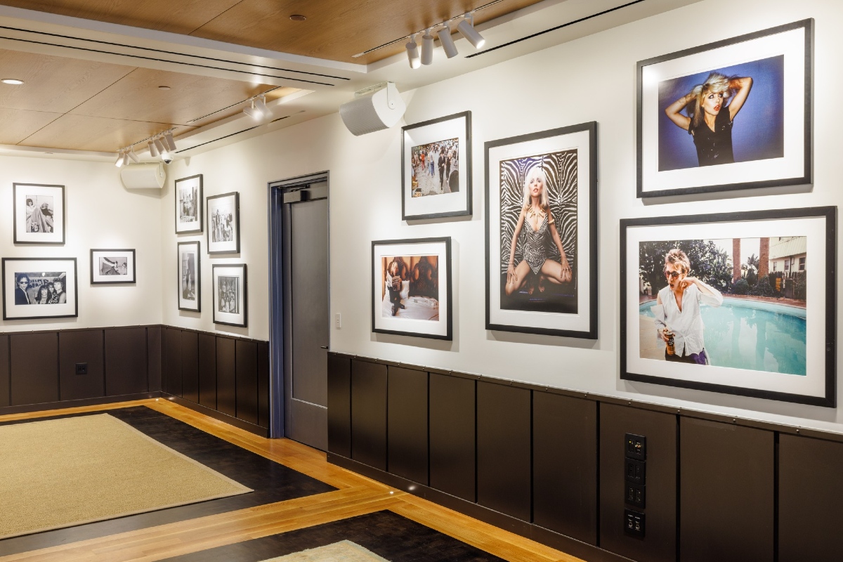 Gallery wall view with artwork hung.