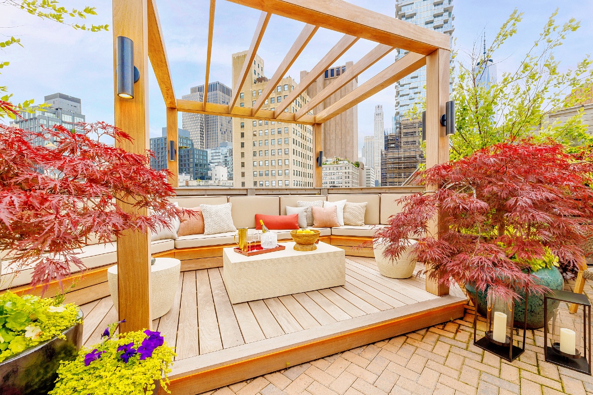 Outdoor seating and party area of The Roxy Hotel Penthouse Terrace.