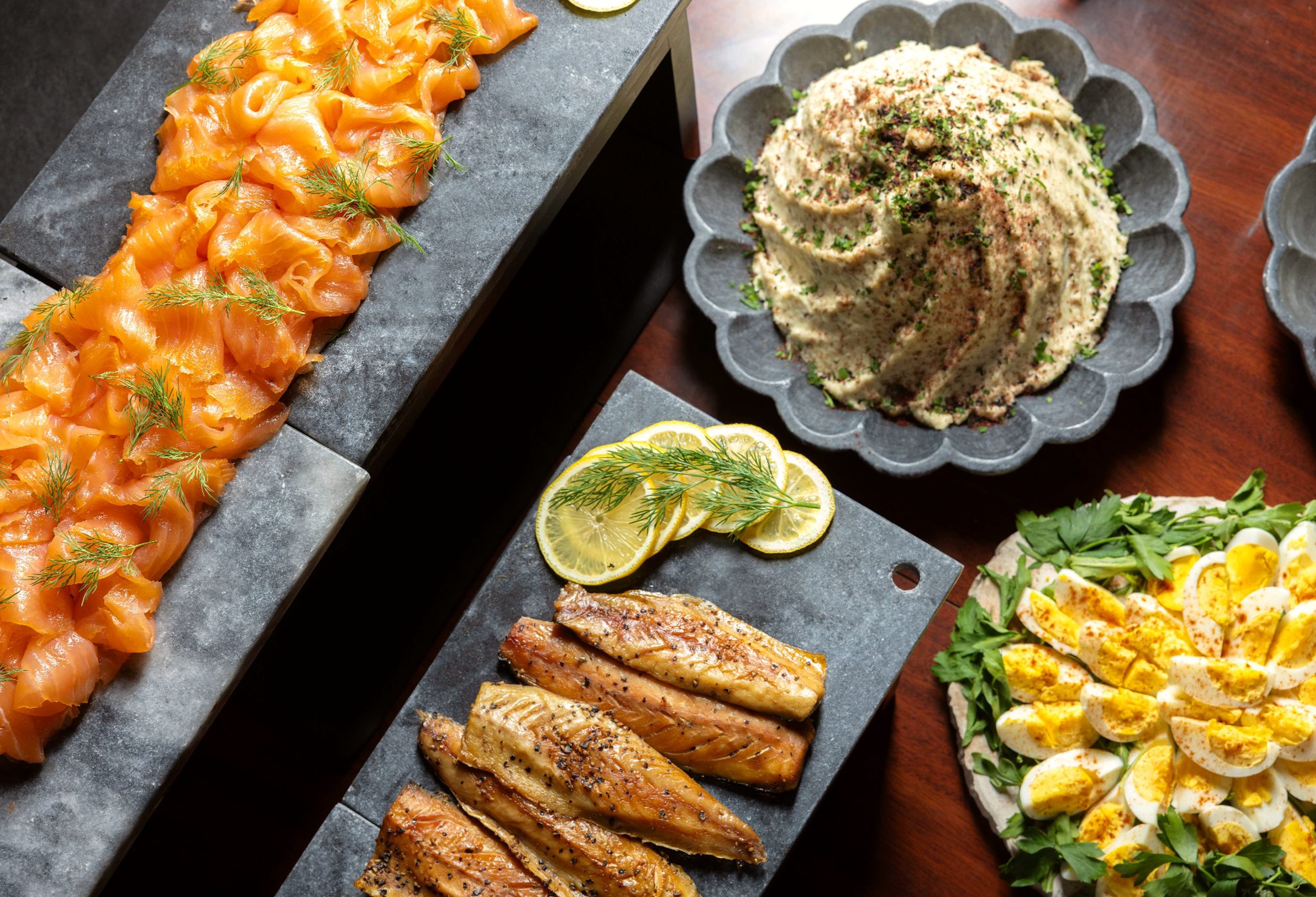 Smoked salmon and mackerel set up for Grand Sunday Brunch.