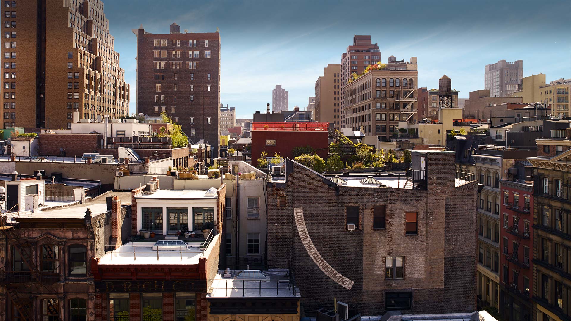 A cityscape with many buildings and rooftops.