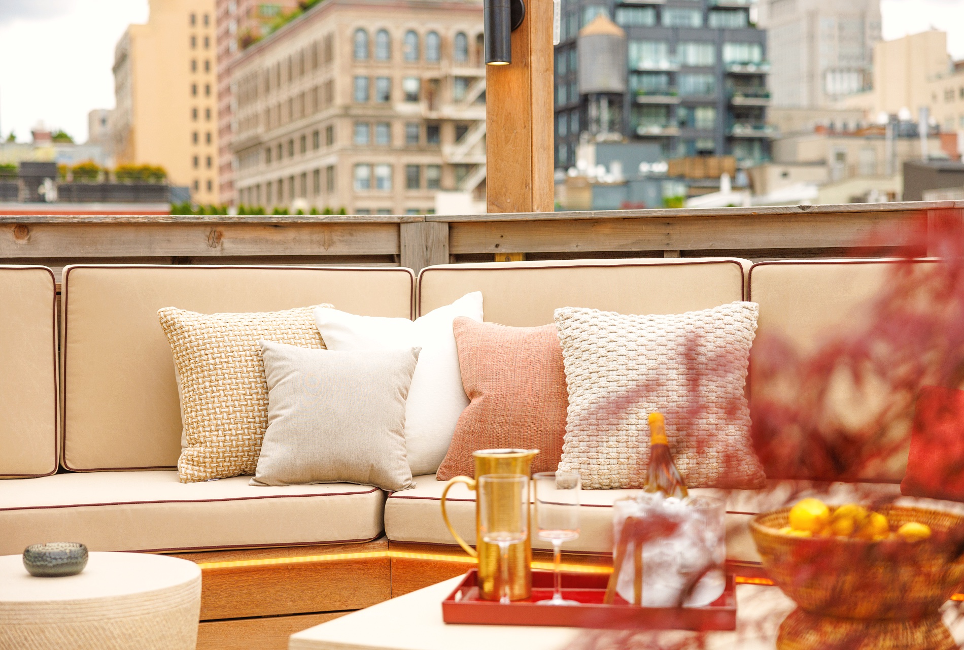 Closeup of outdoor seating area of the Penthouse Terrace at Roxy Hotel