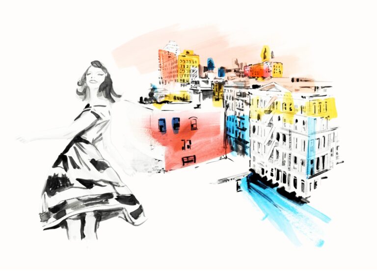 Illustration of woman dancing with Soho buildings in he background.