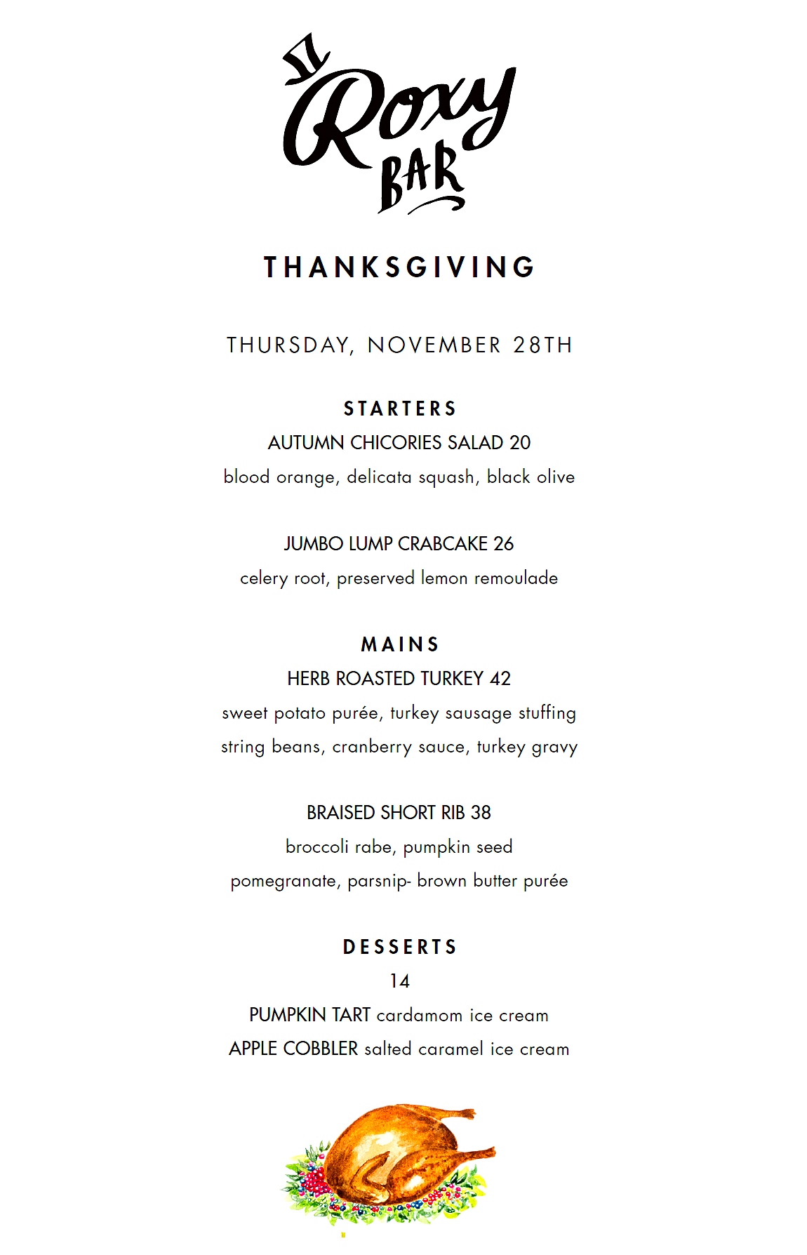 Roxy Bar Thanksgiving 2024 Menu