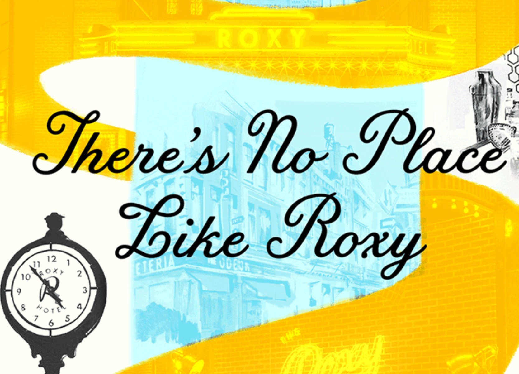 There's no place like Roxy written in script with a swirling yellow brick road.