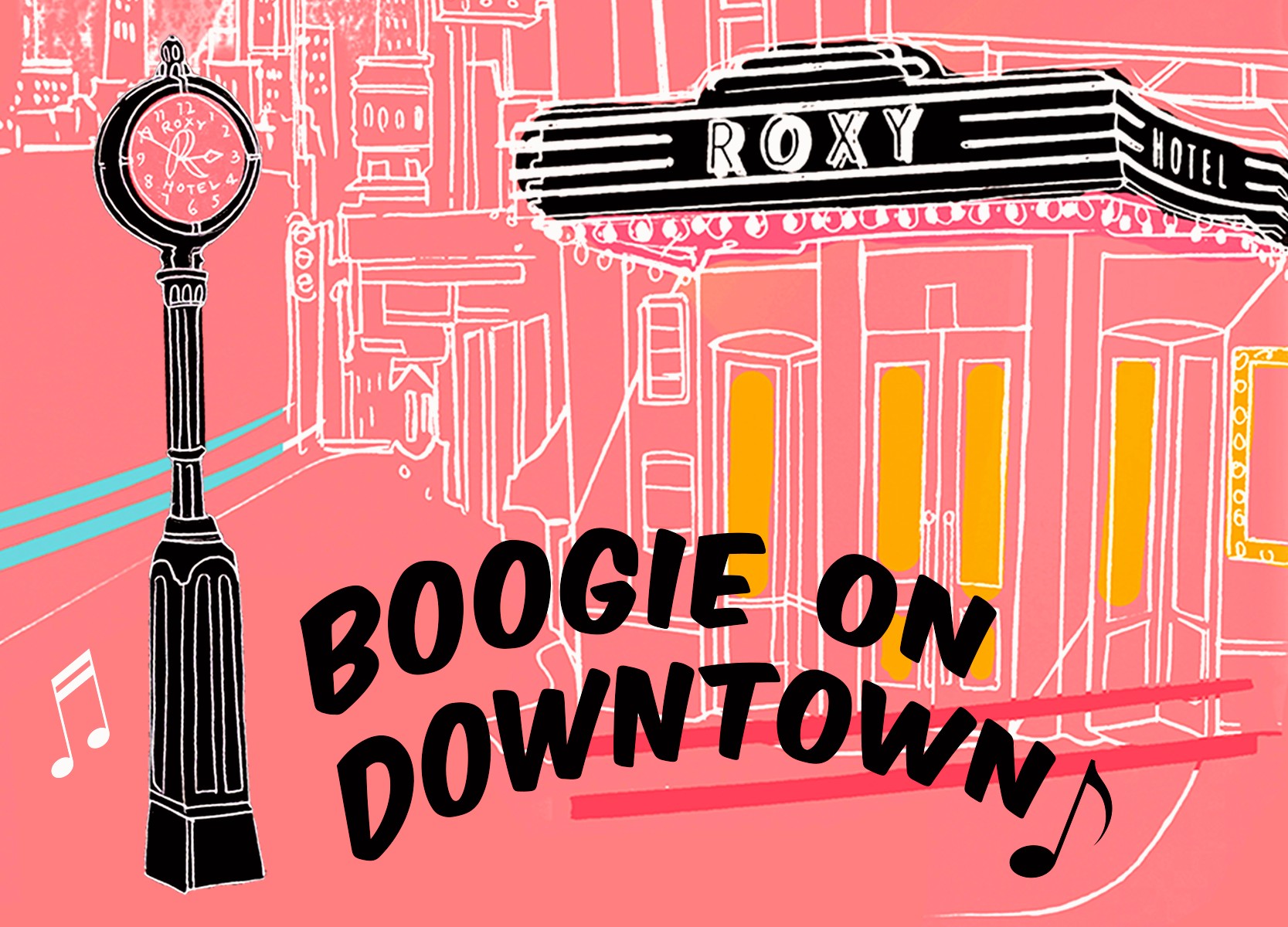 Animated graphic of the Roxy Entrance and Clock with pink bakground.