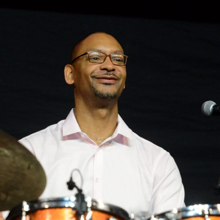 Jazz musician Jason Marsalis sitting at the drums.