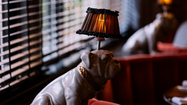A close up shot of a bulldog lamp at Roxy Bar.