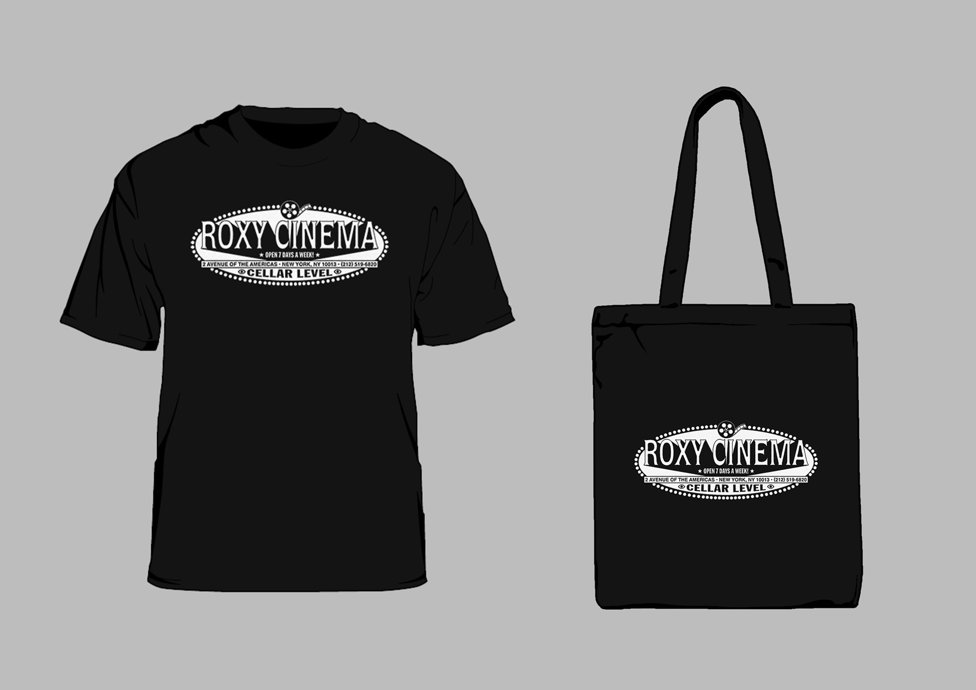 Roxy Cinema Black t shirt and tote bag.