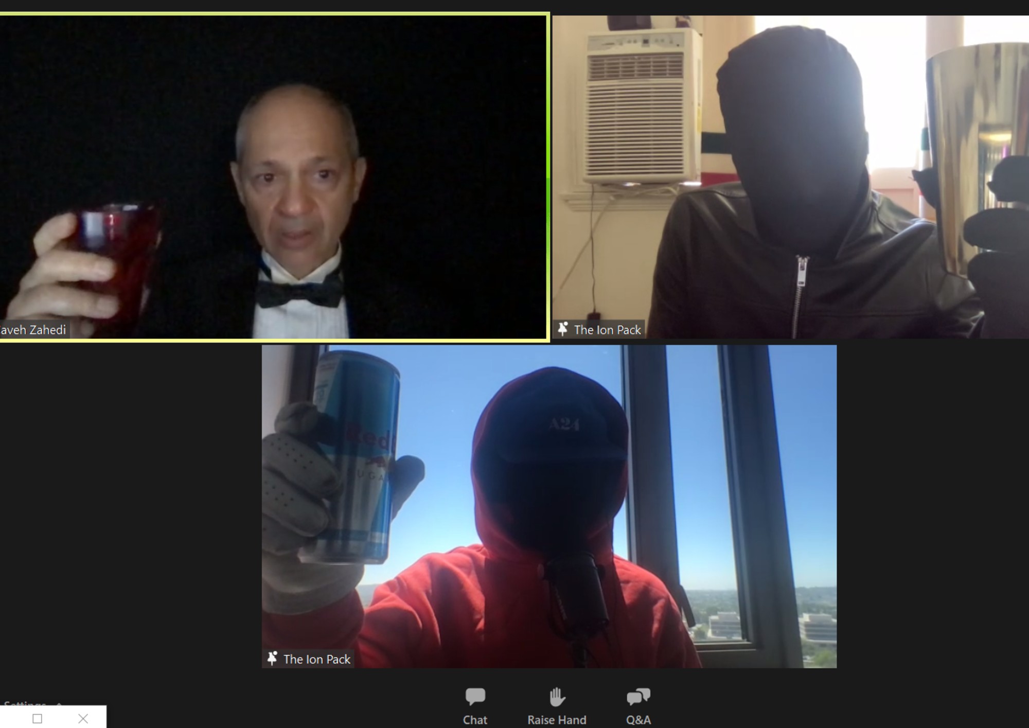 Image of Caveh Zahedi and The Ion Pack podcast hosts on Zoom