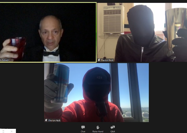 Image of Caveh Zahedi and The Ion Pack podcast hosts on Zoom